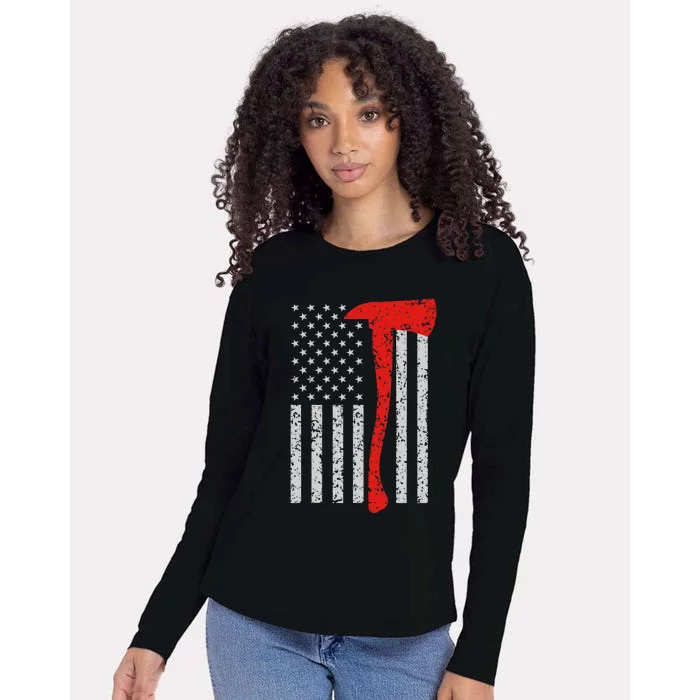 Firefighter American Flag Axe Thin Red Line Patriot Womens Cotton Relaxed Long Sleeve T-Shirt