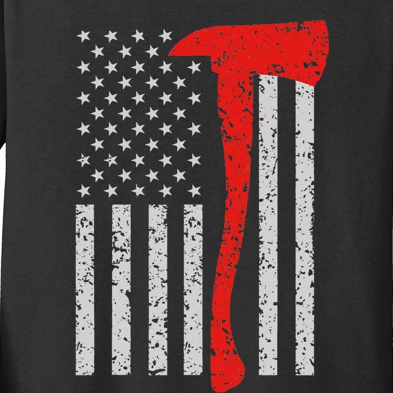 Firefighter American Flag Axe Thin Red Line Patriot Kids Long Sleeve Shirt