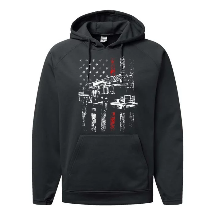 Fireman American Flag Thin Red Line Firefighter Performance Fleece Hoodie