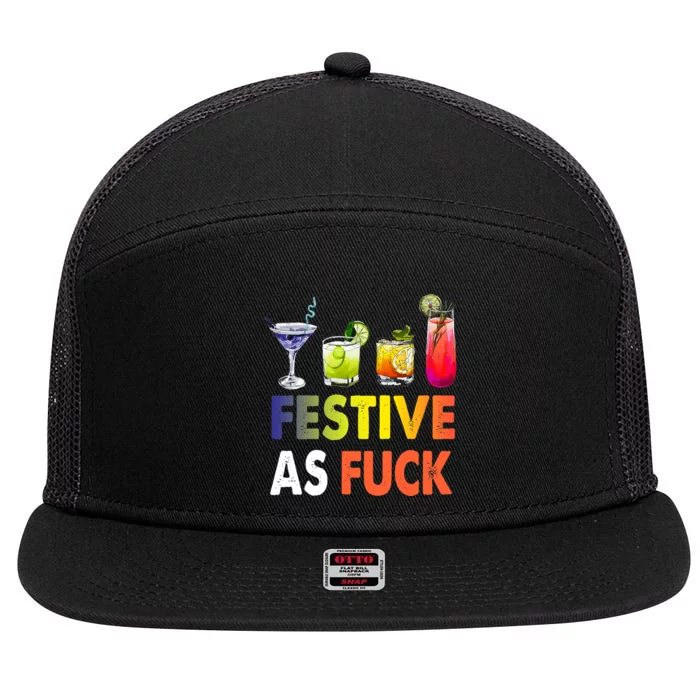 Festive As Fuck Funny Christmas Holiday Cocktail Drinking 7 Panel Mesh Trucker Snapback Hat