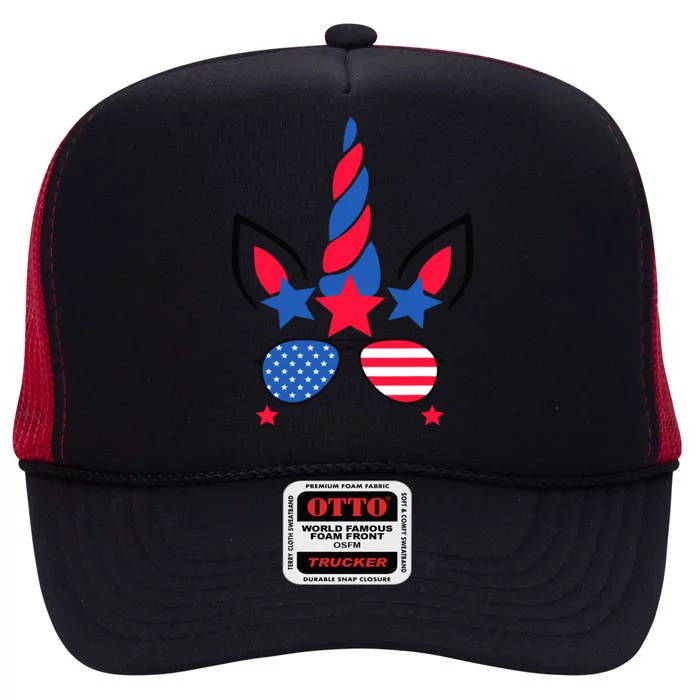 Funny American Flag Unicorn, Independence Day Girl High Crown Mesh Trucker Hat