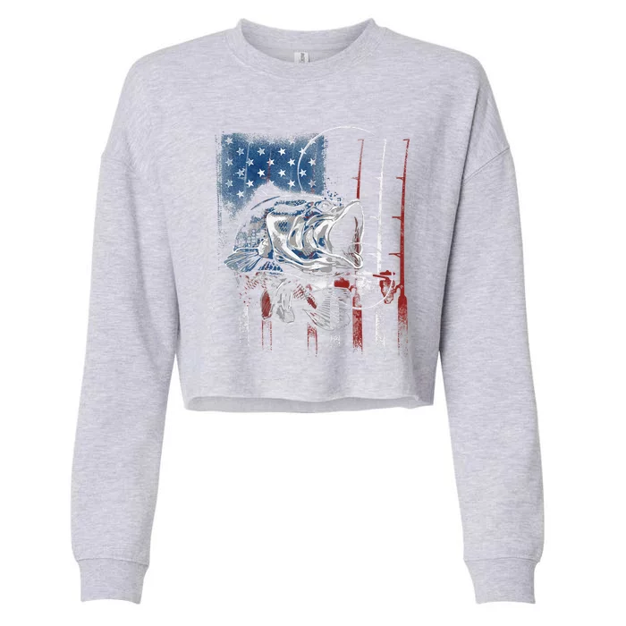 Fishing American Flag Vintage USA Bass Fisherman Gift Cropped Pullover Crew