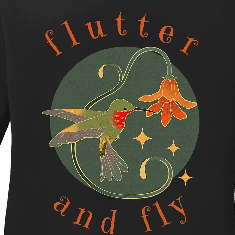 Flutter And Fly Apparel Hummingbird And Flower Ladies Long Sleeve Shirt