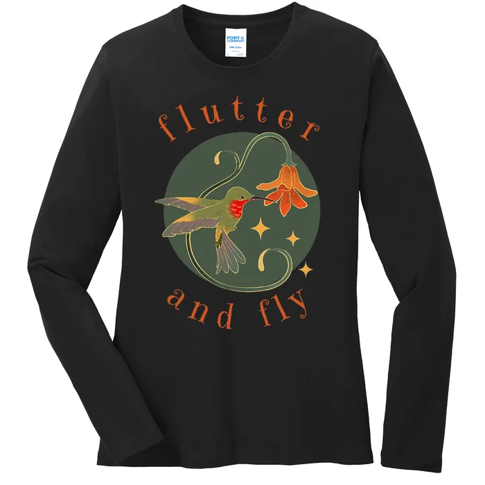 Flutter And Fly Apparel Hummingbird And Flower Ladies Long Sleeve Shirt