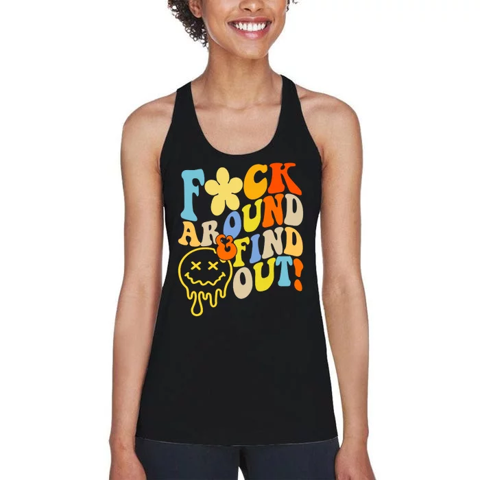 Fuck Around Find Out Smile Retro Groovy Funny Women's Racerback Tank