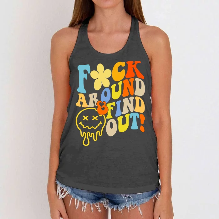 Fuck Around Find Out Smile Retro Groovy Funny Women's Knotted Racerback Tank