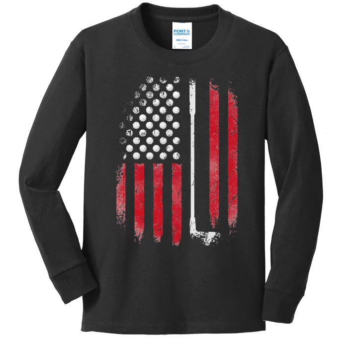 Funny American Flag Golf For Golfer Kids Long Sleeve Shirt