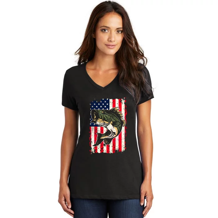 Fishing American Flag Vintage Funny Gift USA Bass Fisherman Gift Women's V-Neck T-Shirt