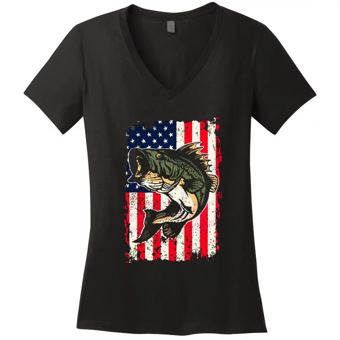 Fishing American Flag Vintage Funny Gift USA Bass Fisherman Gift Women's V-Neck T-Shirt