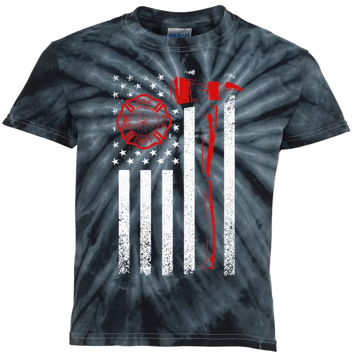 Fireman American Flag Firefighter Kids Tie-Dye T-Shirt