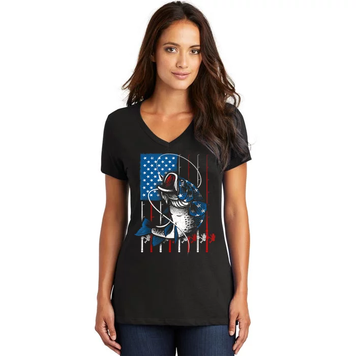 Fishing Art For Women American Flag Usa Fishing Lover Women's V-Neck T-Shirt