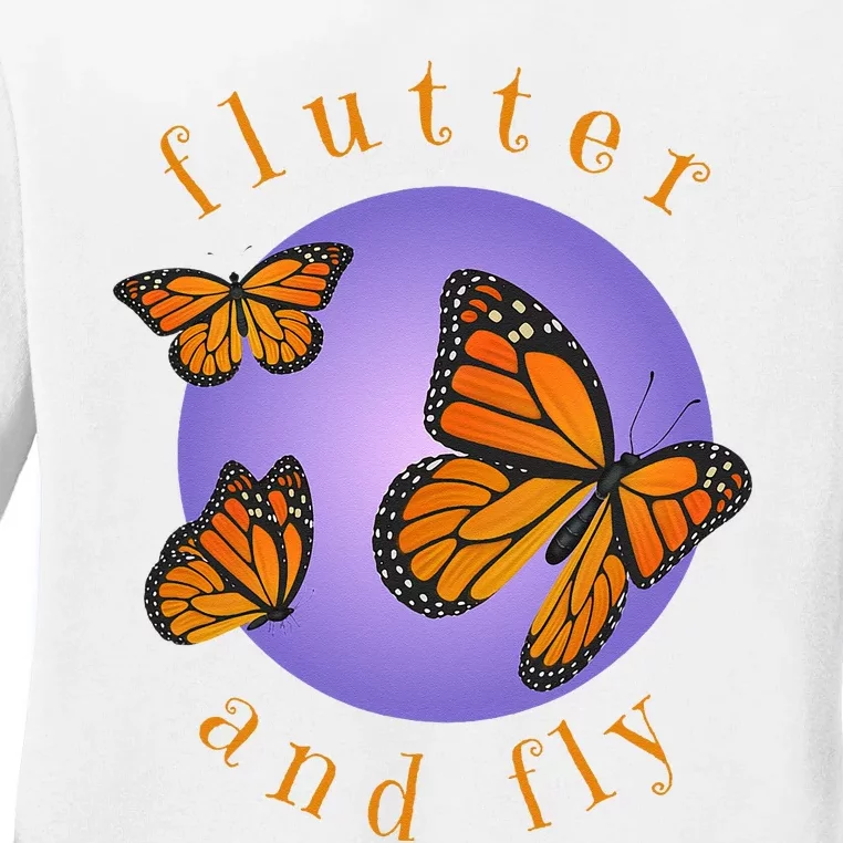 Flutter And Fly Apparel Monarch Butterflies On Glowing Moon Ladies Long Sleeve Shirt