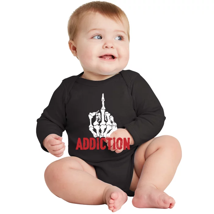 Fuck Addiction Funny Middle Finger Alcohol Drug Baby Long Sleeve Bodysuit