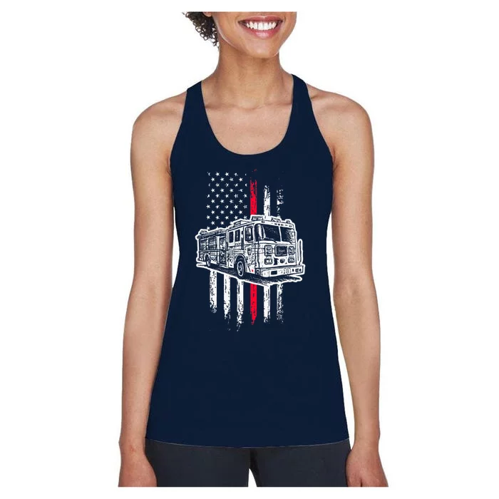 Fireman American Flag Firefighter Fire Truck Women's Racerback Tank