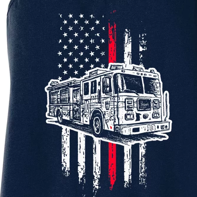 Fireman American Flag Firefighter Fire Truck Women's Racerback Tank