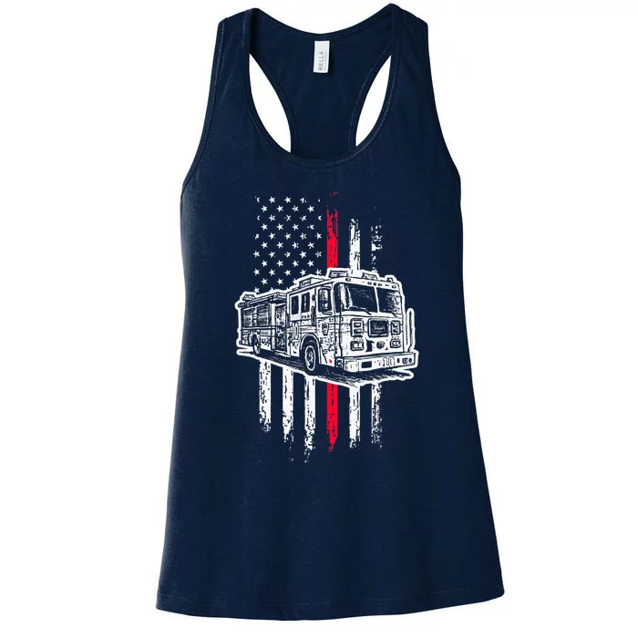 Fireman American Flag Firefighter Fire Truck Women's Racerback Tank