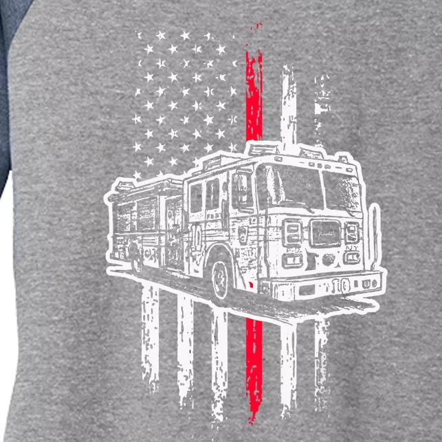 Fireman American Flag Firefighter Fire Truck Women's Tri-Blend 3/4-Sleeve Raglan Shirt