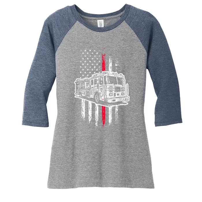 Fireman American Flag Firefighter Fire Truck Women's Tri-Blend 3/4-Sleeve Raglan Shirt