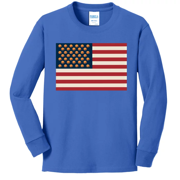 Funny American Flag Cheeseburgers 4th Of July Patrioticic Great Gift Kids Long Sleeve Shirt