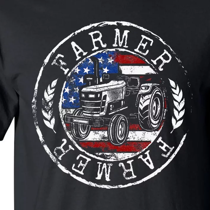 Farmer American Flag Farming Gift Usa Patriotic Stamp Style Tall T-Shirt