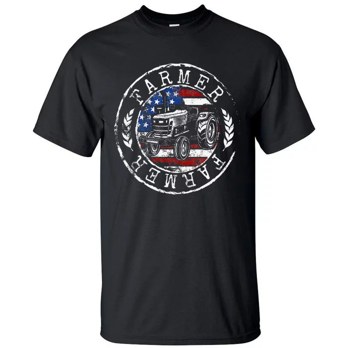 Farmer American Flag Farming Gift Usa Patriotic Stamp Style Tall T-Shirt