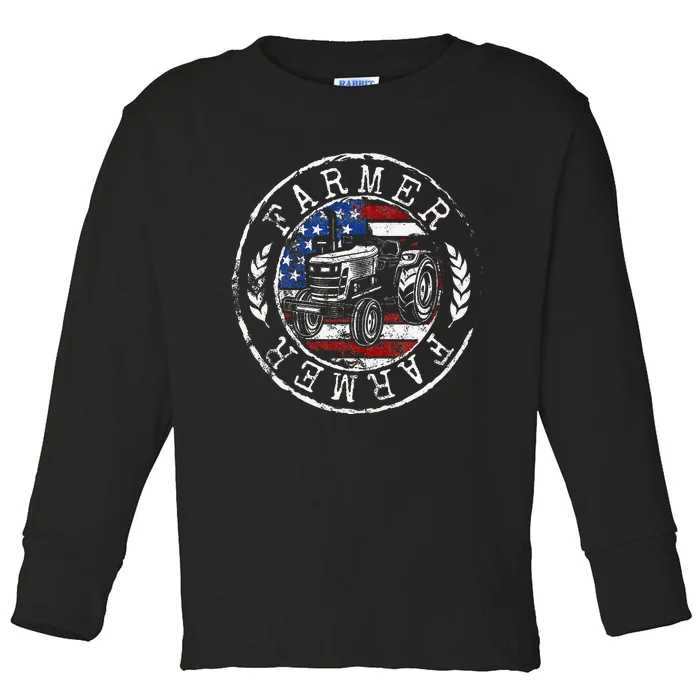 Farmer American Flag Farming Gift Usa Patriotic Stamp Style Toddler Long Sleeve Shirt