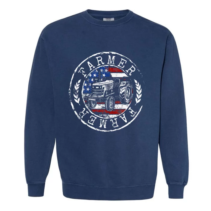 Farmer American Flag Farming Gift Usa Patriotic Stamp Style Garment-Dyed Sweatshirt