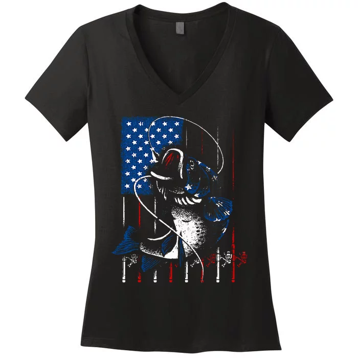 Fishing Art For American Flag USA Fishing Lover Women's V-Neck T-Shirt