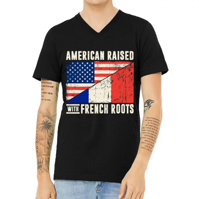 Flag American French Roots French American Funny V-Neck T-Shirt