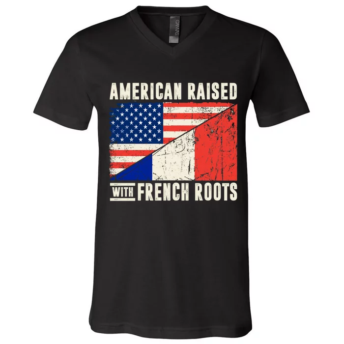 Flag American French Roots French American Funny V-Neck T-Shirt