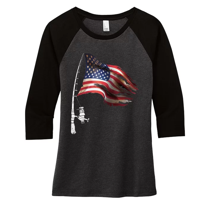 Fishing American Flag Fisherman Patriotic day 4th of July Women's Tri-Blend 3/4-Sleeve Raglan Shirt