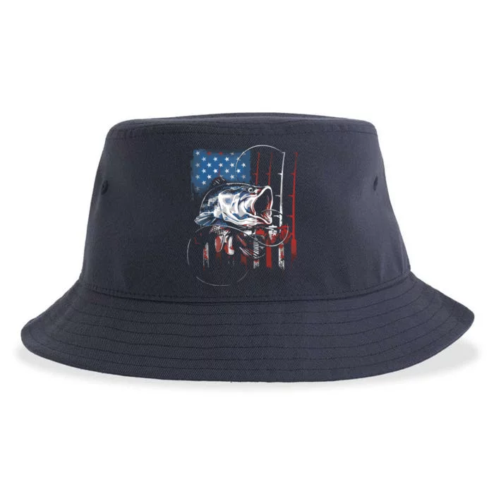 Fishing American Flag Vintage USA Bass Fisherman Gift Sustainable Bucket Hat