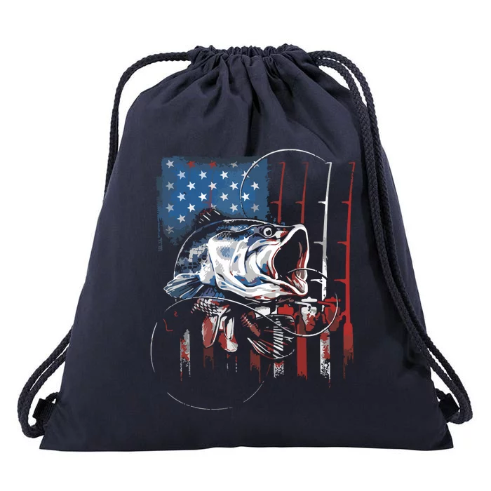 Fishing American Flag Vintage USA Bass Fisherman Gift Drawstring Bag