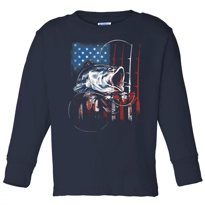 Fishing American Flag Vintage USA Bass Fisherman Gift Toddler Long Sleeve Shirt