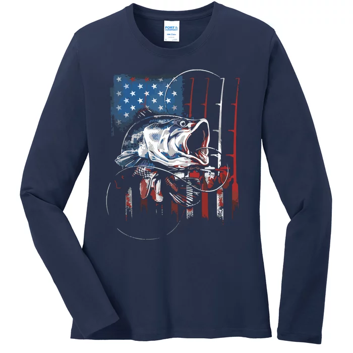 Fishing American Flag Vintage USA Bass Fisherman Gift Ladies Long Sleeve Shirt