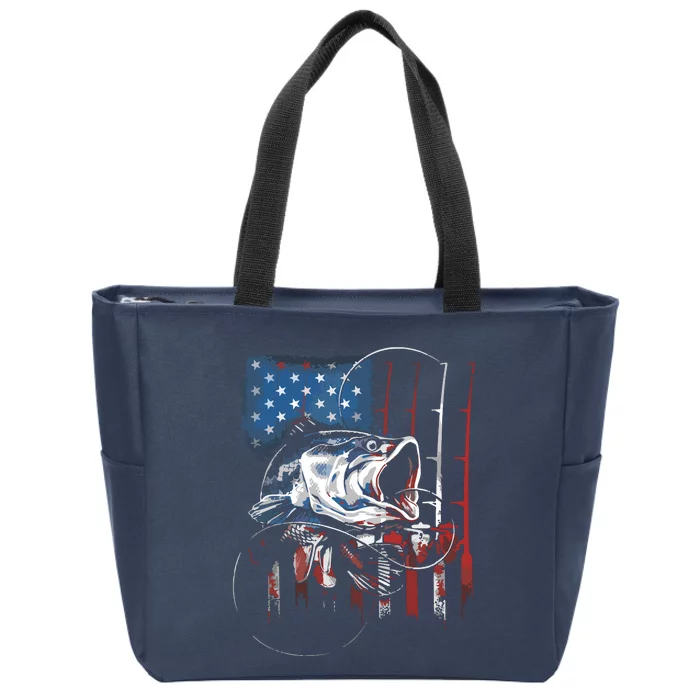 Fishing American Flag Vintage USA Bass Fisherman Gift Zip Tote Bag