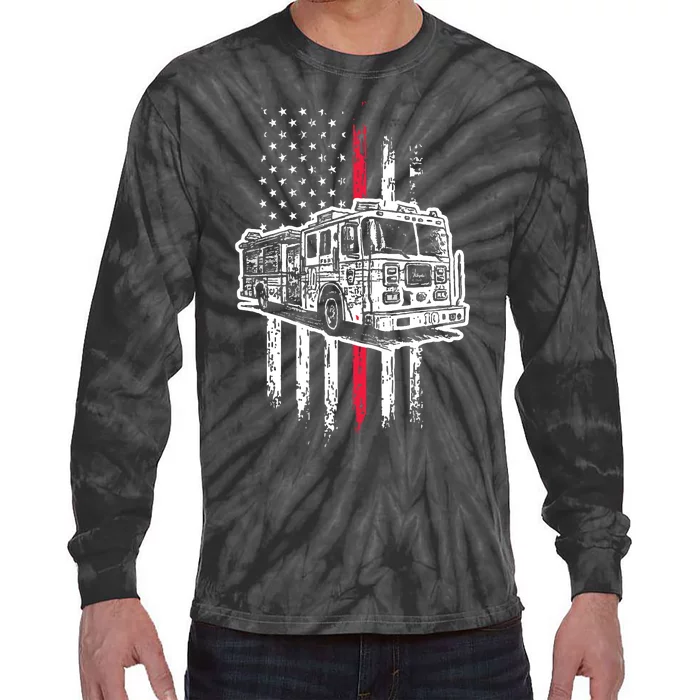 Fireman American Flag Red Line US Firefighter Tie-Dye Long Sleeve Shirt