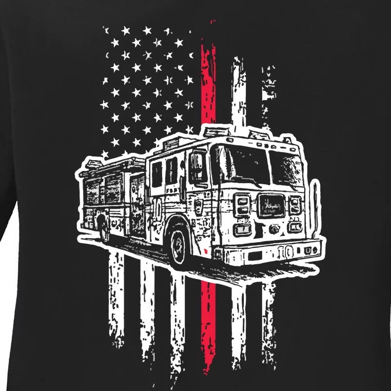 Fireman American Flag Red Line US Firefighter Ladies Long Sleeve Shirt