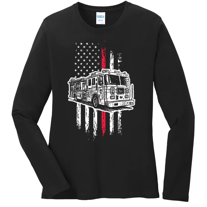 Fireman American Flag Red Line US Firefighter Ladies Long Sleeve Shirt