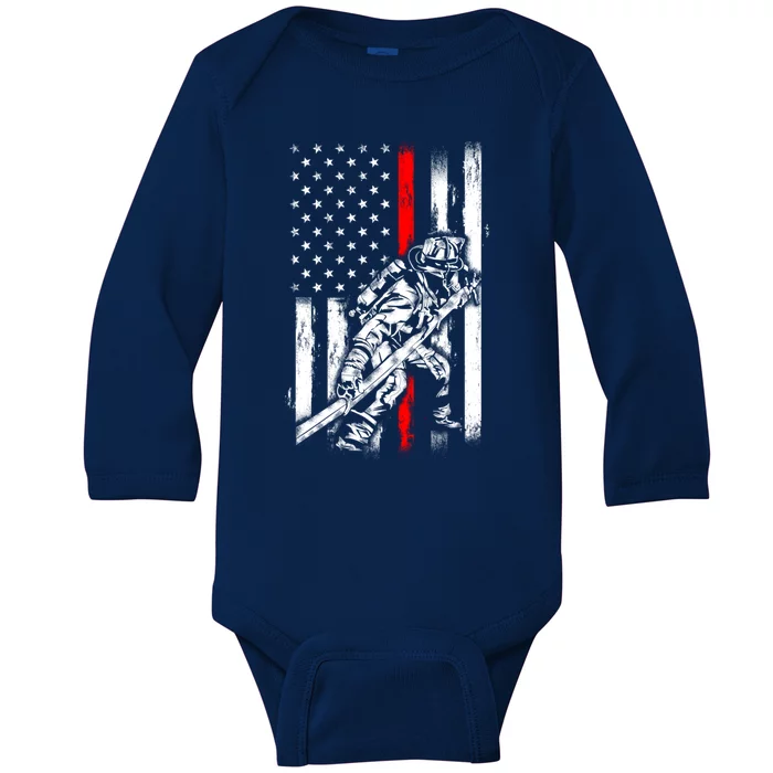 Firefighter American Flag For Us Fire Gift Baby Long Sleeve Bodysuit