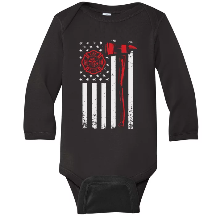 Fireman American Flag Graphics Firefighter Baby Long Sleeve Bodysuit