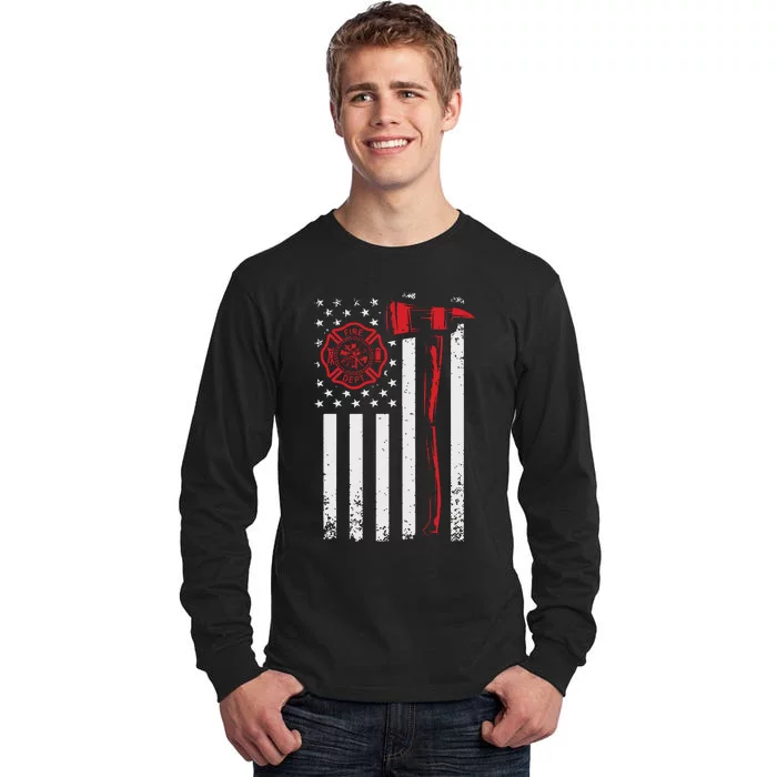 Fireman American Flag Graphics Firefighter Tall Long Sleeve T-Shirt