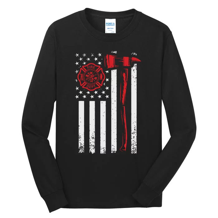 Fireman American Flag Graphics Firefighter Tall Long Sleeve T-Shirt