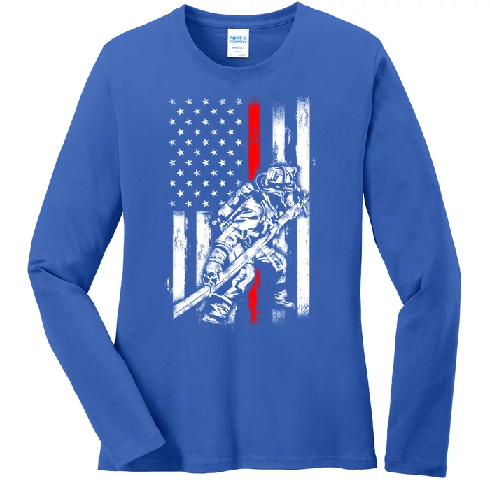 Firefighter American Flag For Us Fire Gift Ladies Long Sleeve Shirt