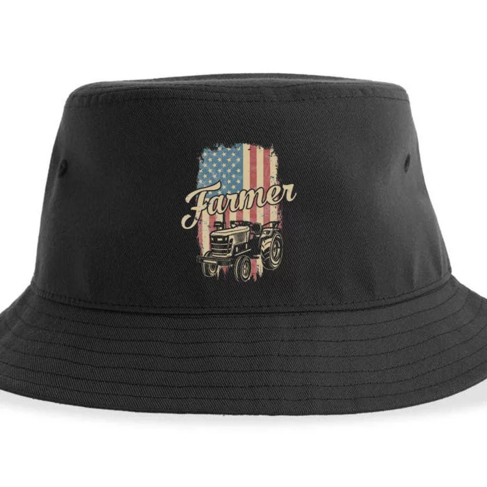 Farmer American Flag Retro Farming Tractor Usa Patrioticic Sustainable Bucket Hat