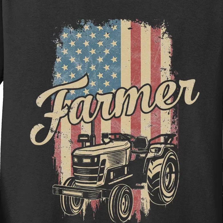 Farmer American Flag Retro Farming Tractor Usa Patrioticic Kids Long Sleeve Shirt