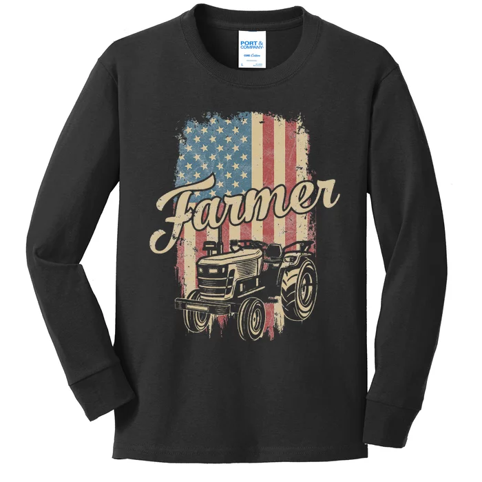 Farmer American Flag Retro Farming Tractor Usa Patrioticic Kids Long Sleeve Shirt