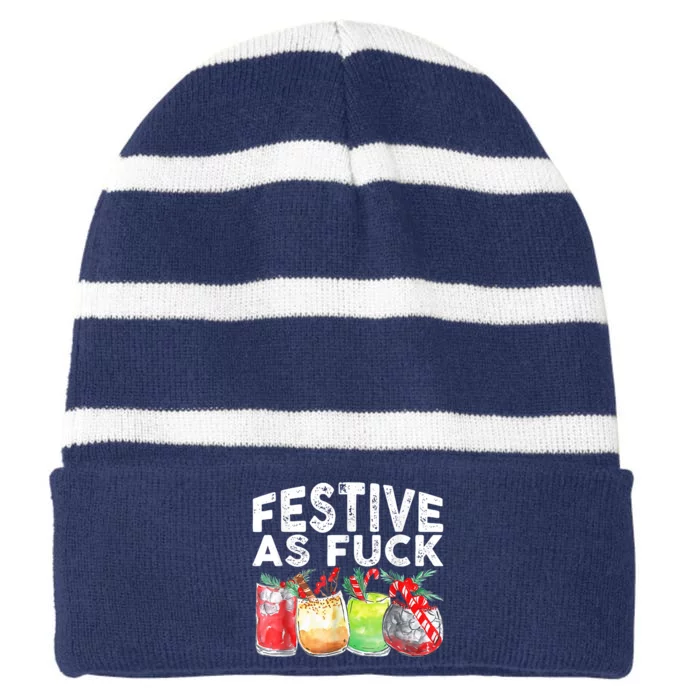 Festive As Fuck Funny Ugly Christmas Holiday Striped Beanie with Solid Band