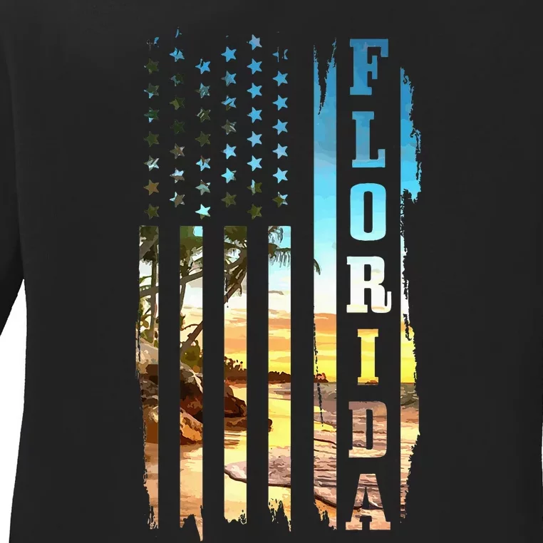 Florida American Flag Pride Beach Surfer Patriotic Ladies Long Sleeve Shirt