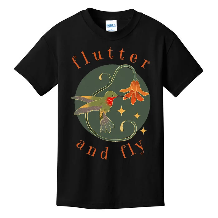 Flutter and Fly apparel hummingbird and flower Kids T-Shirt